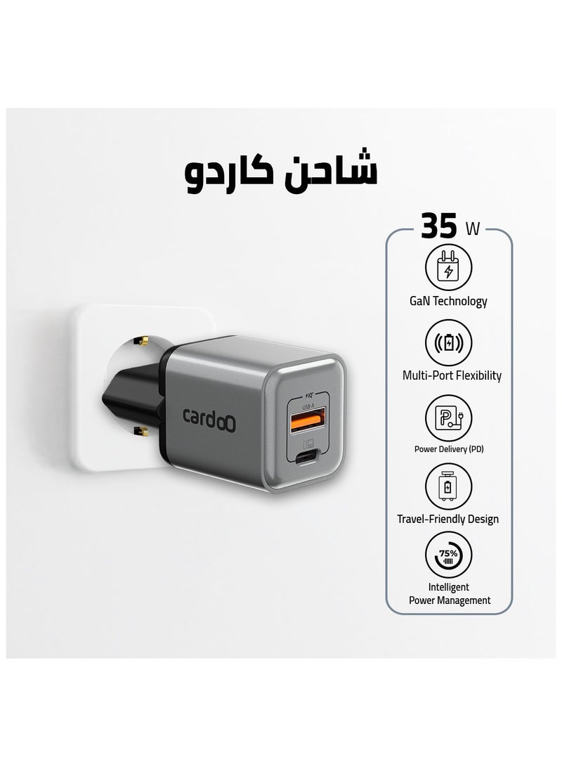 cardoO GaN Charger 35W – Compact Fast Charger – USB-C & USB-A Ports – Safe & Efficient Power Adapter – GaN Technology – Travel-Ready for Phones & Tablets – Black - Image 2