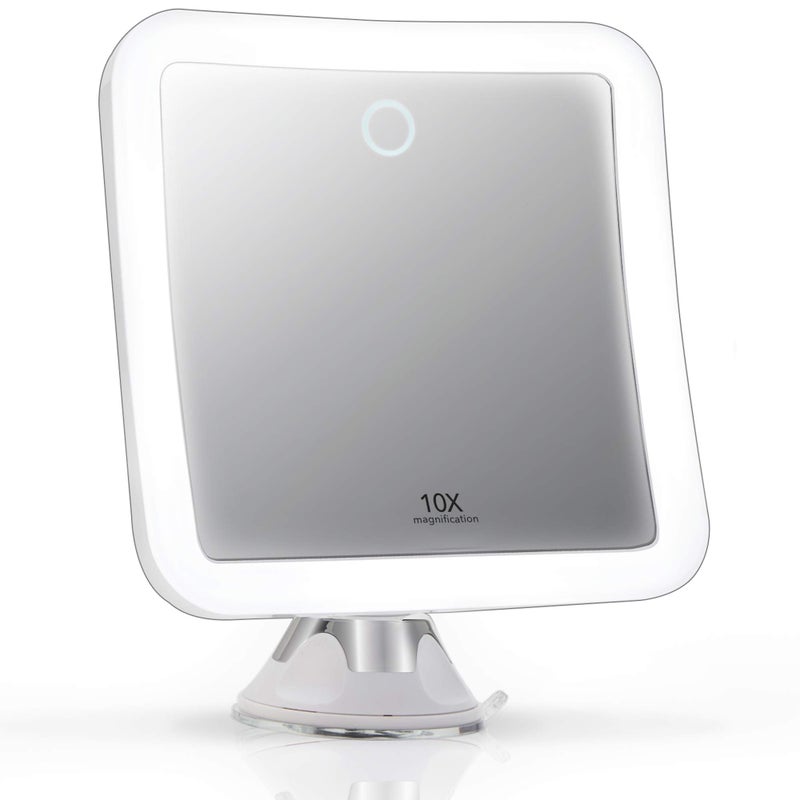 Fancii Rechargeable 10x Magnifying Mirror with 3 LED Light Settings Dimmable Touch Light Cordless Locking Suction Mount Lighted Mirror for Bathroom or Travel Mira 2 White