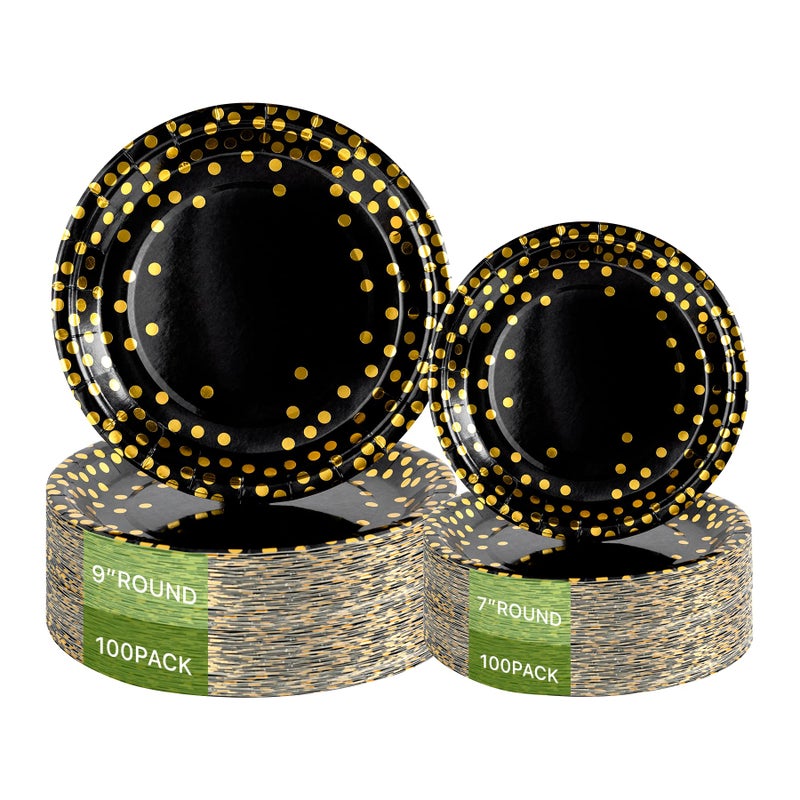 Lullaby 200PCS Black Paper Plates Black and Gold Paper Plates 100pcs Dinner Plates 9100pcs Dessert Plates 7 Disposable Graduation Plates with Golden Dot for Birthday party Halloween