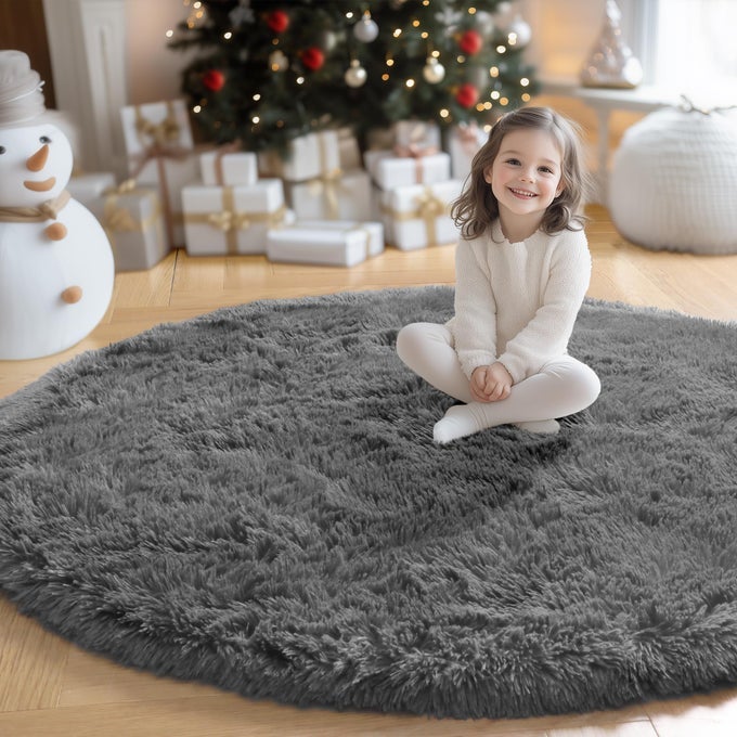 GREY ROUND RUGS 6FT FOR BEDROOM LIVING ROOM DECOR FLUFFY SHAGGY CIRCLE AREA RUG FOR KIDS ROOM CLASSROOM PLAYROOM LARGE FURRY FLOOR CIRCULAR GRAY CARPET FOR TEEN GIRLS BOYS NURSERY DORM
