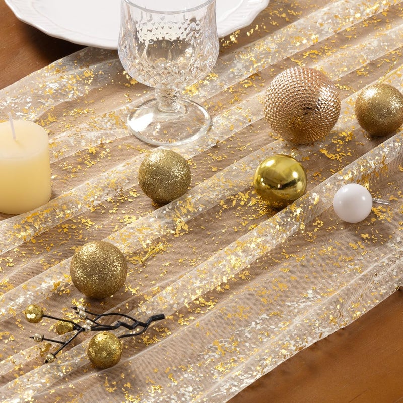 Socomi Gold Table Runner Gauze Tulle Sheer Glitter Metallic Foil Chiffon Cheesecloth Sequin 10FT Wedding Birthday Party Dining Anniversary Holiday Centerpiece Table Decor Beige - Image 3