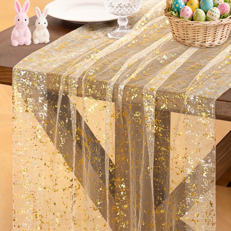 Socomi Gold Table Runner Gauze Tulle Sheer Glitter Metallic Foil Chiffon Cheesecloth Sequin 10FT Wedding Birthday Party Dining Anniversary Holiday Centerpiece Table Decor Beige - Image 1
