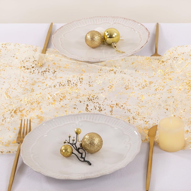 Socomi Gold Table Runner Gauze Tulle Sheer Glitter Metallic Foil Chiffon Cheesecloth Sequin 10FT Wedding Birthday Party Dining Anniversary Holiday Centerpiece Table Decor Beige - Image 5
