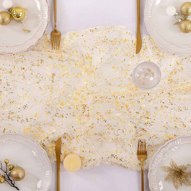 Socomi Gold Table Runner Gauze Tulle Sheer Glitter Metallic Foil Chiffon Cheesecloth Sequin 10FT Wedding Birthday Party Dining Anniversary Holiday Centerpiece Table Decor Beige - Image 4