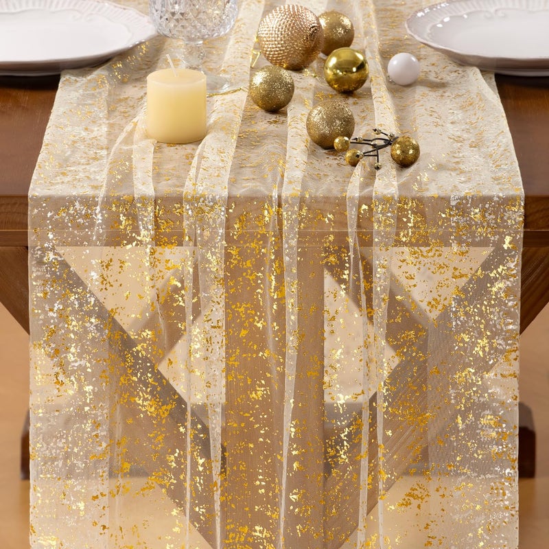 Socomi Gold Table Runner Gauze Tulle Sheer Glitter Metallic Foil Chiffon Cheesecloth Sequin 10FT Wedding Birthday Party Dining Anniversary Holiday Centerpiece Table Decor Beige - Image 2