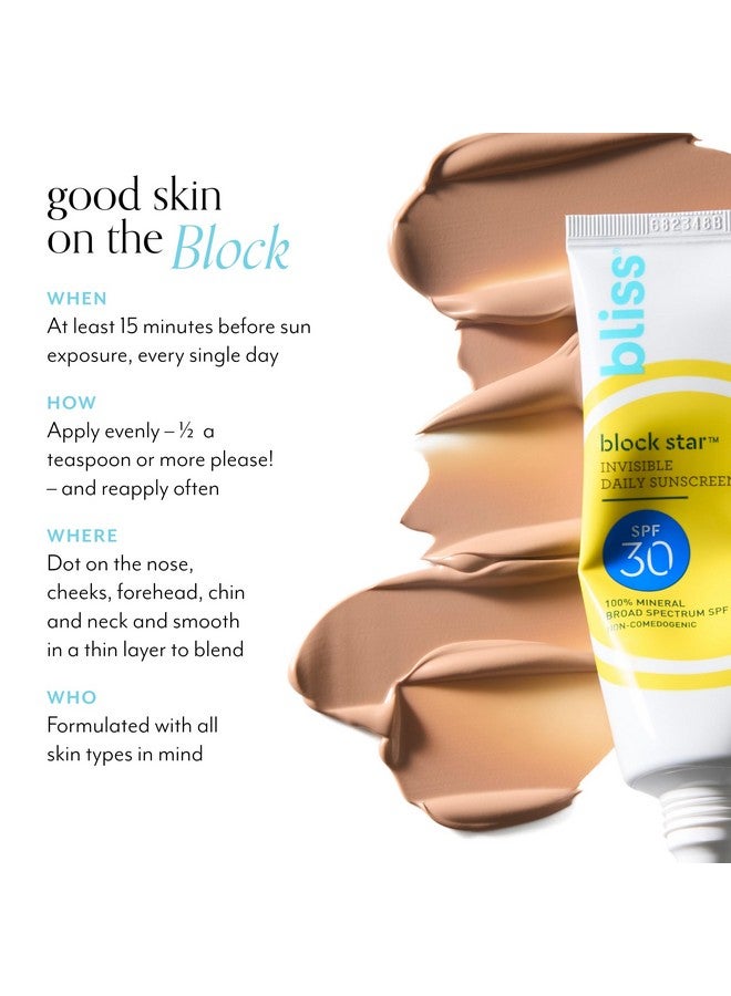 بليس واقي الشمس اليومي الملون غير المرئي Bliss Block Star SPF 30 مع أكسيد الزنك، واقي الشمس وبرايمر المكياج - واقي شمسي واسع الطيف معدني 100% مع مزيج من ثاني أكسيد التيتانيوم ومضادات الأكسدة، - 1.4 أونصة سائلة. - Image 2
