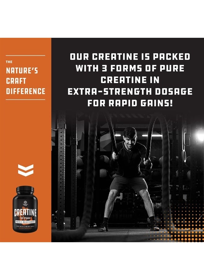 Natures Craft - High Strength Tri Phase Creatine Tablets for Women & Men - Formula Blend of Creatine Monohydrate, HCL & Pyruvate Supplement - Muscle Mass Gain & Recovery Supplement - 120 Tablets - Image 1