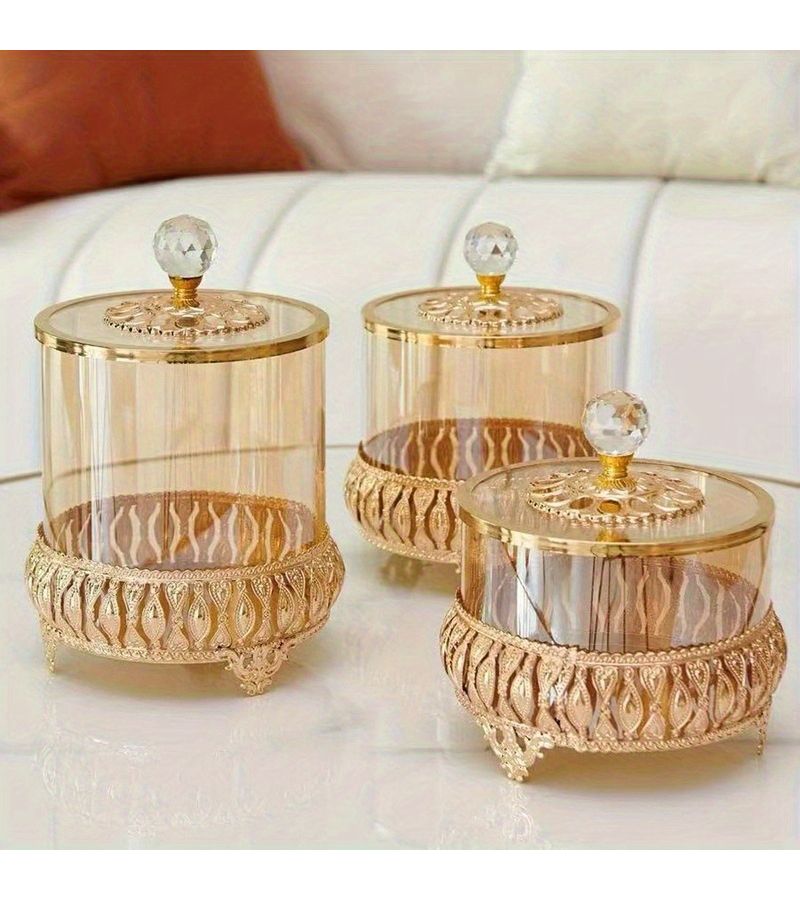 Golden Candy Jar with Lid 3.94 Inch by 3.94 Inch by 7.48 Inch Decorative Snack Container Sugar Storage for Home Party Table Centerpiece - Image 3