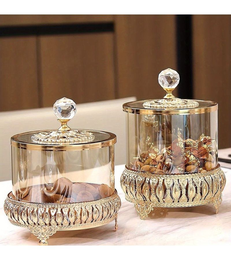 Golden Candy Jar with Lid 3.94 Inch by 3.94 Inch by 7.48 Inch Decorative Snack Container Sugar Storage for Home Party Table Centerpiece - Image 1