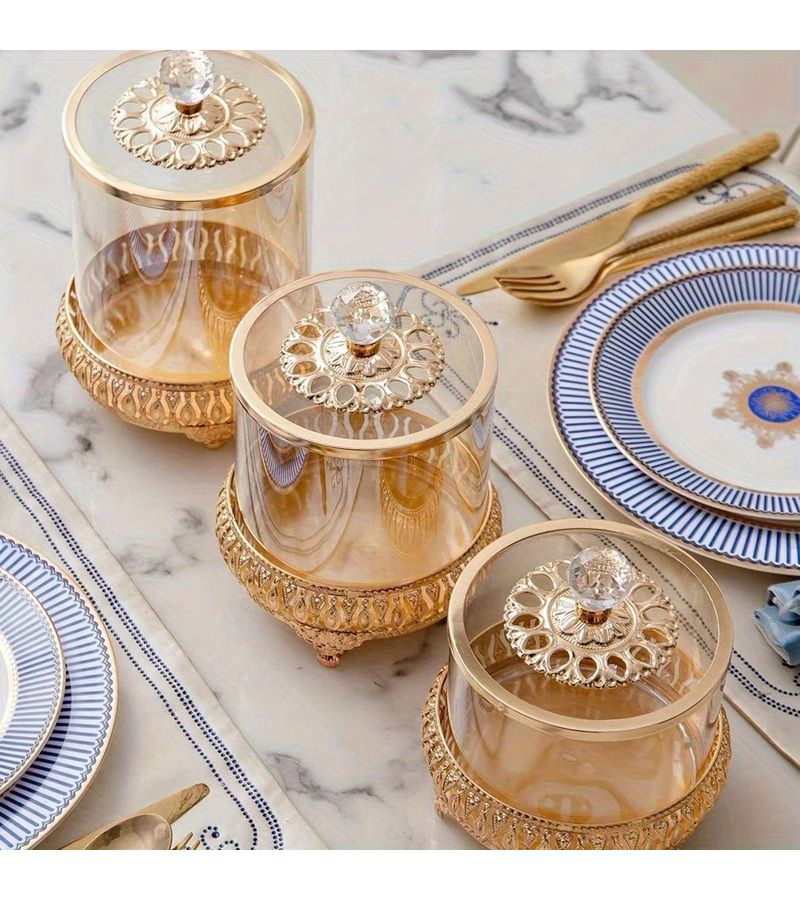 Golden Candy Jar with Lid 3.94 Inch by 3.94 Inch by 7.48 Inch Decorative Snack Container Sugar Storage for Home Party Table Centerpiece - Image 5