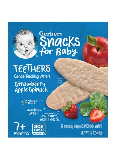 Snacks for Baby, Teethers, Gentle Teething Wafers, 7+ Months, Strawberry Apple Spinach, 12 Individually Wrapped 2-Packs, 2 Wafers Each