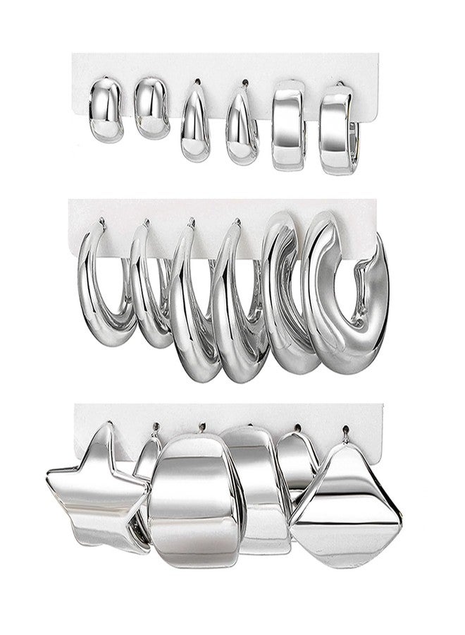 17 اي اف طقم أقراط متدلية ذهبية وفضية مكون من 9 أزواج للنساء، أقراط سميكة مضادة للحساسية، أقراط صغيرة على شكل قلب، خفيفة الوزن، ملتوية، مناسبة للاستخدام اليومي والحفلات، هدية (نجمة، فضي) - Image 1