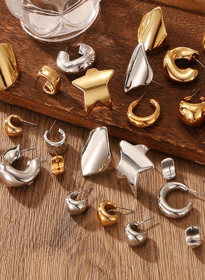 17 اي اف طقم أقراط متدلية ذهبية وفضية مكون من 9 أزواج للنساء، أقراط سميكة مضادة للحساسية، أقراط صغيرة على شكل قلب، خفيفة الوزن، ملتوية، مناسبة للاستخدام اليومي والحفلات، هدية (نجمة، فضي) - Image 5