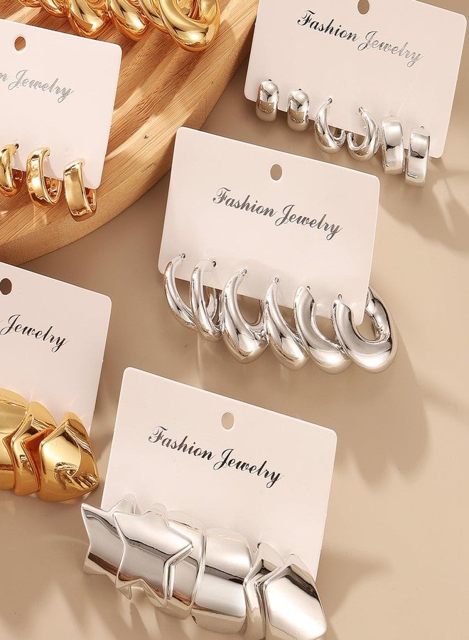 17 اي اف طقم أقراط متدلية ذهبية وفضية مكون من 9 أزواج للنساء، أقراط سميكة مضادة للحساسية، أقراط صغيرة على شكل قلب، خفيفة الوزن، ملتوية، مناسبة للاستخدام اليومي والحفلات، هدية (نجمة، فضي) - Image 3