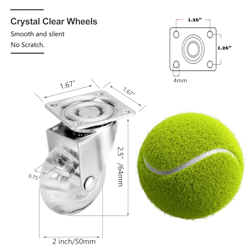 YAEMIKY 4 Pack Swivel Caster Wheels for Furniture, 2 Inch Heavy Duty Castor Wheels, Crystal Clear Polyurethane Rolling Castors with 360 Degree Plate for Cabinet,Ottoman,Bench (Not for Chair Legs) - Image 2