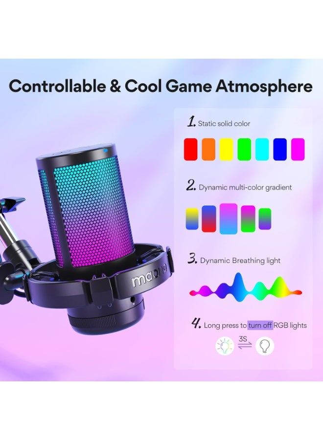 ماونو ميكروفون ألعاب مزود بخاصية إلغاء الضوضاء، ميكروفون USB مكثف RGB للبث، والبودكاست، وتويتش، ويوتيوب، وديسكورد، والتوصيل والتشغيل لأجهزة الكمبيوتر، والكمبيوتر، وماك، وبلاي ستيشن 4، وبلاي ستيشن 5، وDGM20S - Image 4