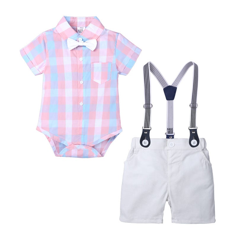 Boys White Romper Suspenders Bowtie Set XTZ8337P Plaid
