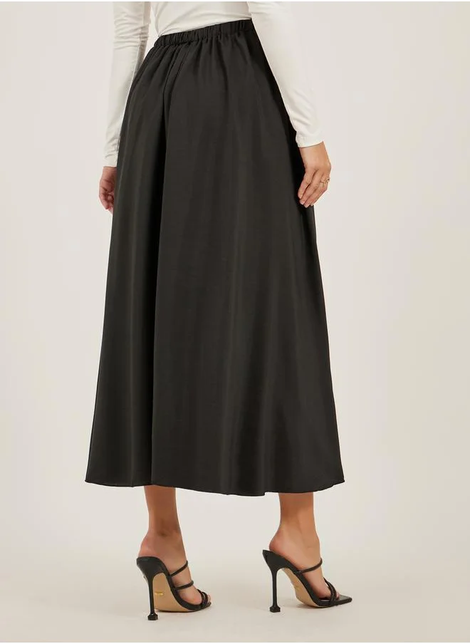 Styli Solid Elasticated Waistband A-Line Midi Skirt