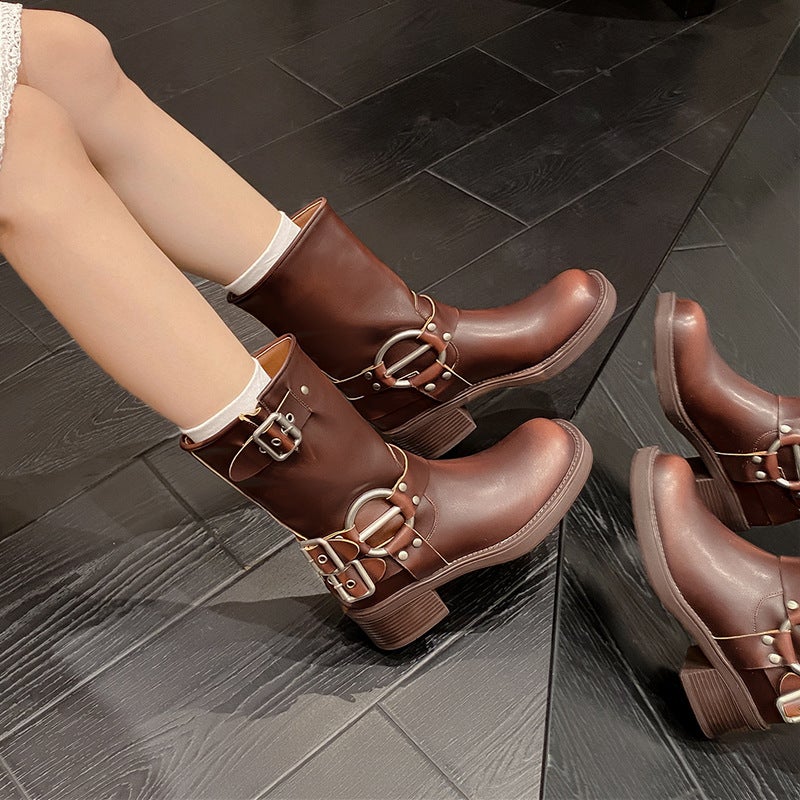 Cow Two-Layer Polished Leather Vintage Short Boots Knight Boots Western Cowboy Boots Thick Heel Sleeve Square Toe Punk Style Boots - Image 2
