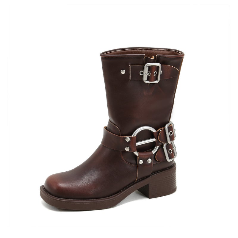 Cow Two-Layer Polished Leather Vintage Short Boots Knight Boots Western Cowboy Boots Thick Heel Sleeve Square Toe Punk Style Boots - Image 5
