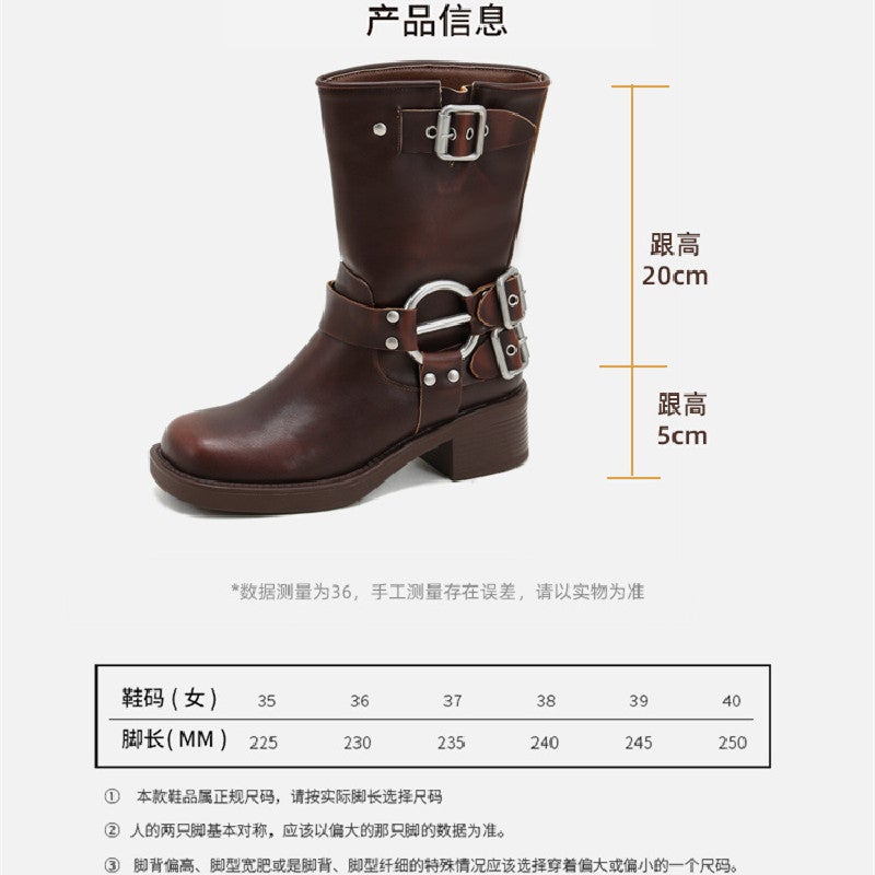 Cow Two-Layer Polished Leather Vintage Short Boots Knight Boots Western Cowboy Boots Thick Heel Sleeve Square Toe Punk Style Boots - Image 3