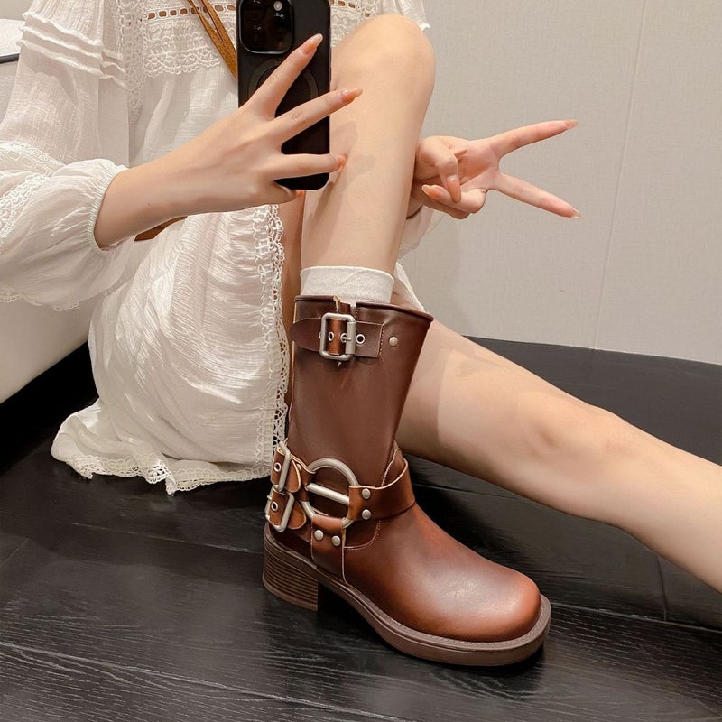 Cow Two-Layer Polished Leather Vintage Short Boots Knight Boots Western Cowboy Boots Thick Heel Sleeve Square Toe Punk Style Boots - Image 4