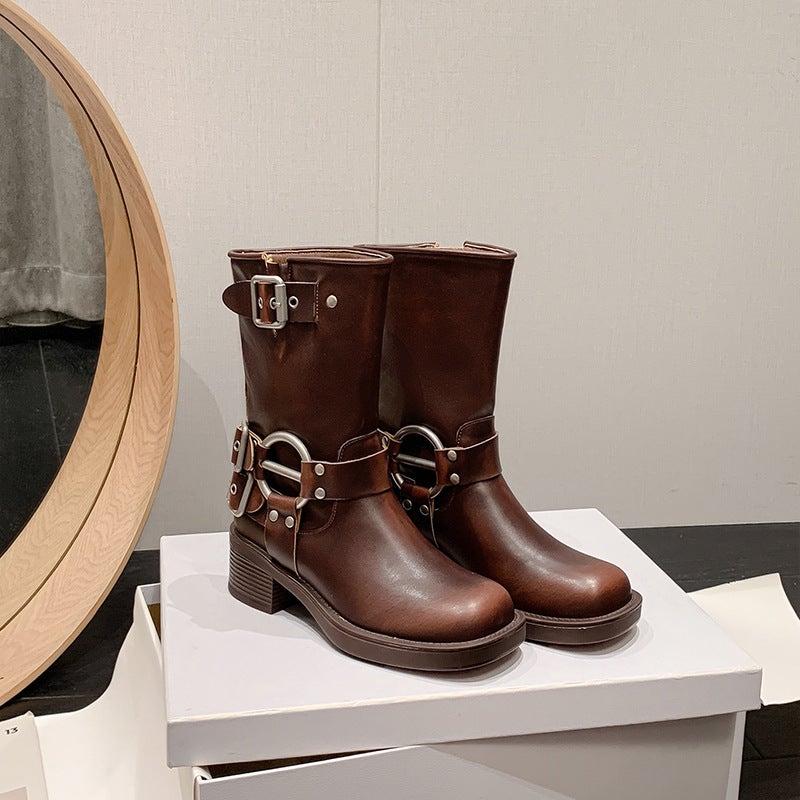 Cow Two-Layer Polished Leather Vintage Short Boots Knight Boots Western Cowboy Boots Thick Heel Sleeve Square Toe Punk Style Boots - Image 1