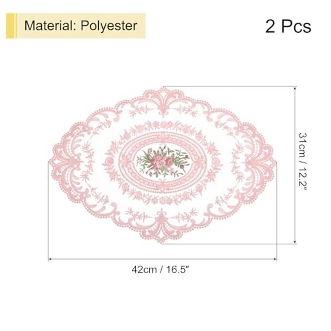 uxcell 2Pack Retro Lace Placemat 12x16-in Oval Embroidered Table Place Mats French Crochet Doilies Coasters Cup Mat for Home Wedding, Pink - Image 2