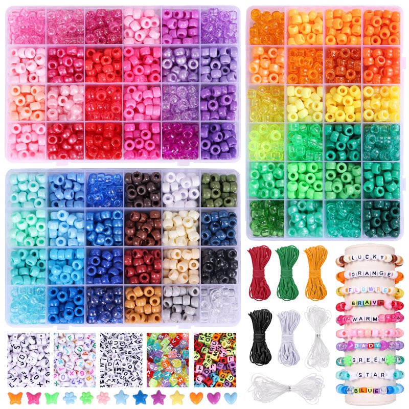 QUEFE 4700pcs, 72 Colors Pony Beads Rainbow Kandi Bead for Bracelets Making Kit, 3600pcs 9mm Plastic Beads and 1000pcs Letter Beads, Alphabet Beads for Bracelets Jewelry Making with Elastic Threads - Image 1