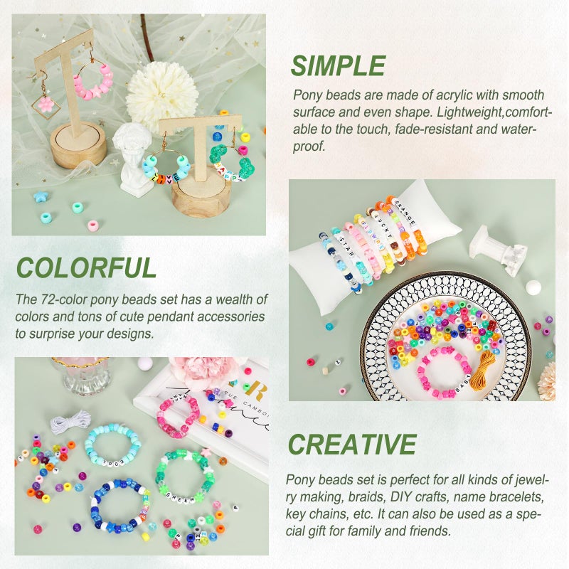 QUEFE 4700pcs, 72 Colors Pony Beads Rainbow Kandi Bead for Bracelets Making Kit, 3600pcs 9mm Plastic Beads and 1000pcs Letter Beads, Alphabet Beads for Bracelets Jewelry Making with Elastic Threads - Image 5