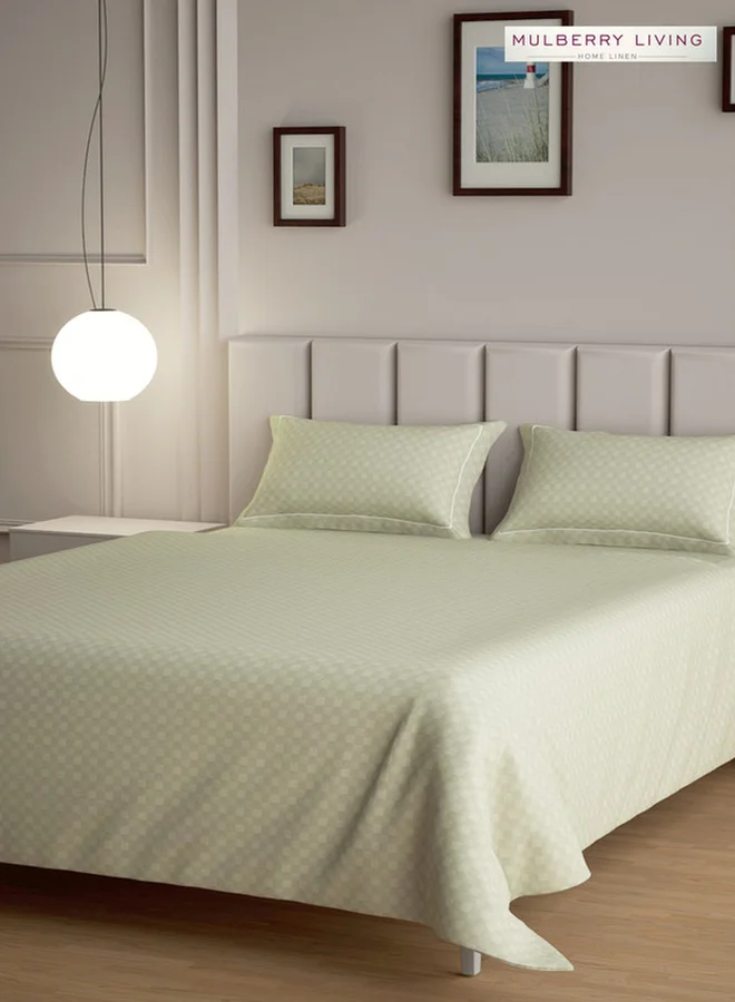 Mulberry Living 100% Cotton Queen Flat Bedsheet With 2 Pillow Covers - 300Tc Urban Grid - Pearl