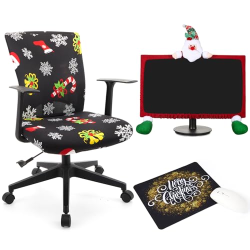 VitalCozy Christmas Office Chair Covers Set with Computer Monitor Cover and Mouse Pad Desk Chair Seat Covers Stretchable Protective Armchair Slipcovers SnowBlack - Image 1