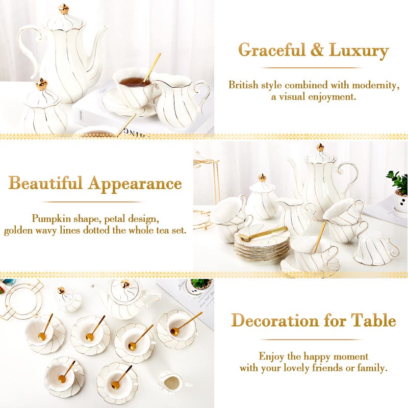 DUJUST 22 pcs White Porcelain Tea Set for 6, Luxury British Style Tea/Coffee Cup Set with Golden Trim, Beautiful Tea Set for Women, Tea Party Set, Gift Package (With a Stand) - Image 4