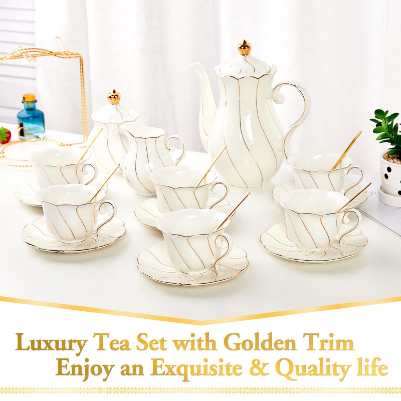 DUJUST 22 pcs White Porcelain Tea Set for 6, Luxury British Style Tea/Coffee Cup Set with Golden Trim, Beautiful Tea Set for Women, Tea Party Set, Gift Package (With a Stand) - Image 3