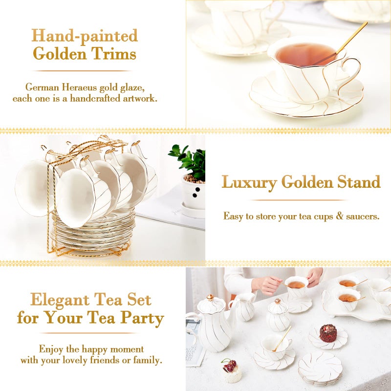 DUJUST 22 pcs White Porcelain Tea Set for 6, Luxury British Style Tea/Coffee Cup Set with Golden Trim, Beautiful Tea Set for Women, Tea Party Set, Gift Package (With a Stand) - Image 5