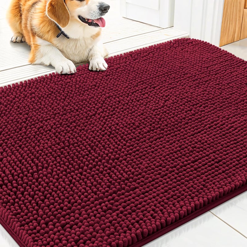 Smiry Dog Door Mat for Muddy Paws 30x20, Absorbs Moisture and Dirt Doormat, Non-Slip Washable Quick Dry Chenille Front Door Mat Indoor Entrance, Entryway Carpet for Inside Floor, Burgundy - Image 1
