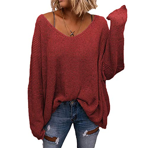 BZB Women's V Neck Long Sleeve Knit Loose Oversized Pullover Sweater Red - Image 1