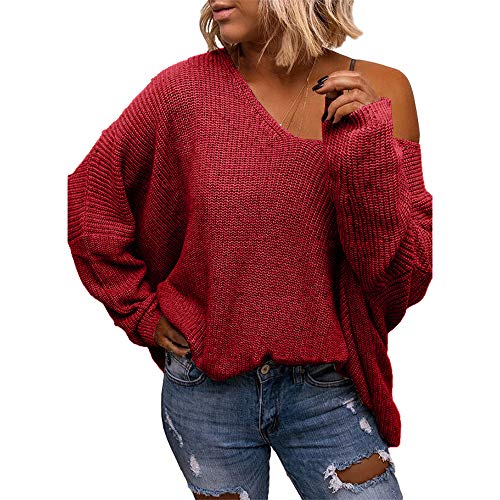 BZB Women's V Neck Long Sleeve Knit Loose Oversized Pullover Sweater Red - Image 2
