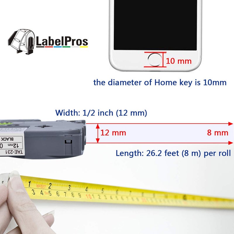 LabelPros شريط ملصقات بديل متوافق لجهاز Brother P Touch TZe شريط ملصقات 12 مم 0.47 بوصة (أسود على أبيض/برتقالي/أحمر/أزرق/أصفر/أخضر) لجهاز P Touch PT-D210 H110 D400 صانع الملصقات، مغلف، 8 عبوات - Image 3