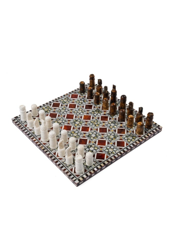 Handmade Full Wooden Chess Set with Hand-Carved Pieces Inlaid with Natural & Australian Shell, Brown & Multicolor - Size 40x40 cm - Image 1