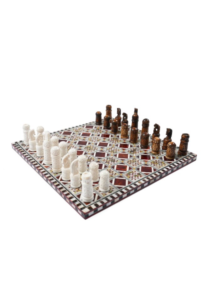 Handmade Full Wooden Chess Set with Hand-Carved Pieces Inlaid with Natural & Australian Shell, Brown & Multicolor - Size 40x40 cm - Image 3