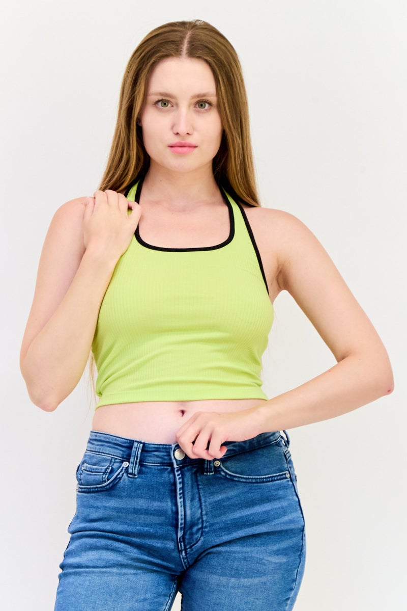 ONLY Women Halter Neck Sleeveless Textured Tank Top, Lime Green - Image 1