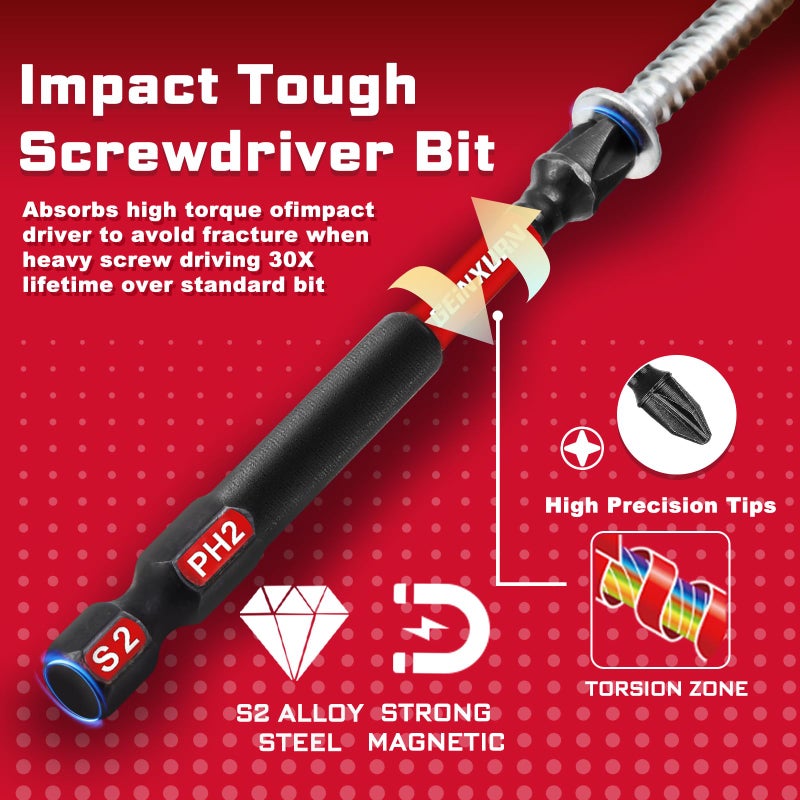 Geinxurn Impact Screwdriver Bits Set, 33 Pieces 3â€Multi Head Magnetic S2 Steel Driver Bits PH/SQ/Torx/Pozi With Red Soft Base - Image 4