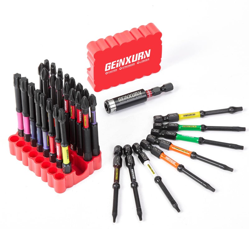 Geinxurn Impact Screwdriver Bits Set, 33 Pieces 3â€Multi Head Magnetic S2 Steel Driver Bits PH/SQ/Torx/Pozi With Red Soft Base - Image 1