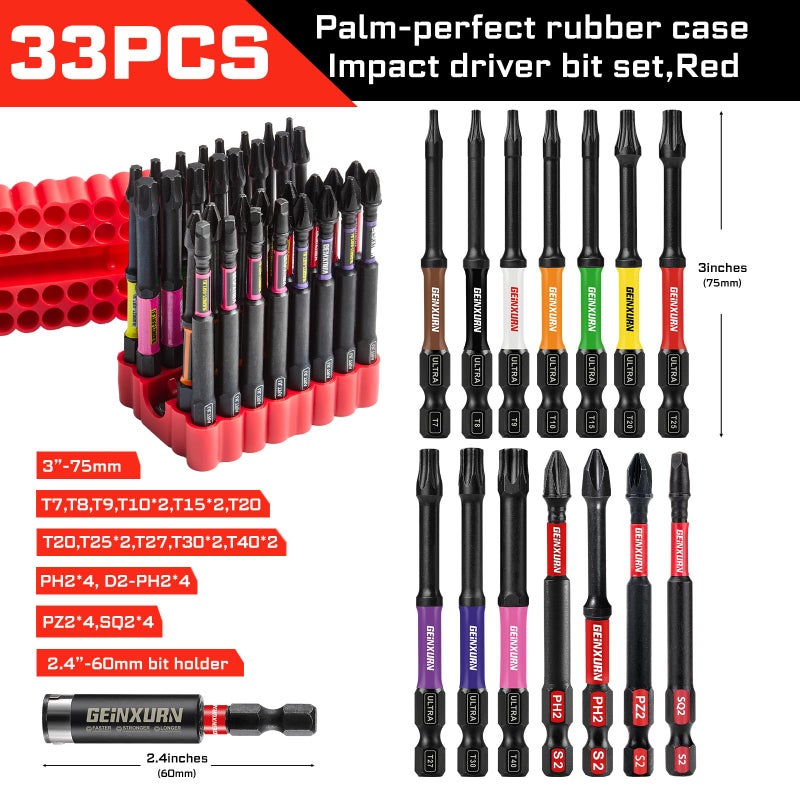 Geinxurn Impact Screwdriver Bits Set, 33 Pieces 3â€Multi Head Magnetic S2 Steel Driver Bits PH/SQ/Torx/Pozi With Red Soft Base - Image 2
