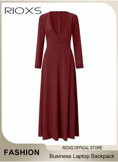 RIOXS Women's Elegant High Waist Maxi Dress, V-neck Long-sleeved Dress, Ruched Wrap Long Dress with Back Zipper and Belt, Stylish Exquisite Evening Prom Dress, Perfect for Both Casual and Formal Occasions  - Image 5
