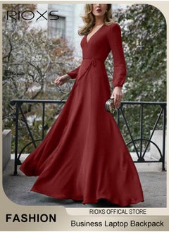 RIOXS Women's Elegant High Waist Maxi Dress, V-neck Long-sleeved Dress, Ruched Wrap Long Dress with Back Zipper and Belt, Stylish Exquisite Evening Prom Dress, Perfect for Both Casual and Formal Occasions  - Image 3