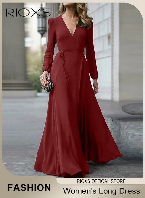 فساتين سهرة نسائية بأكمام طويلة وياقة على شكل V، فستان ماكسي رسمي أنيق بخصر عالٍ للسيدات، فستان سهرة طويل ملفوف ومزين بكشكشة مع سحاب خلفي وحزام، فساتين سهرة طويلة تصل إلى الأرض للمناسبات غير الرسمية/الرسمية - فساتين بورجوندي