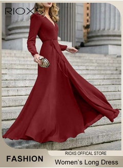 RIOXS Women's Elegant High Waist Maxi Dress, V-neck Long-sleeved Dress, Ruched Wrap Long Dress with Back Zipper and Belt, Stylish Exquisite Evening Prom Dress, Perfect for Both Casual and Formal Occasions  - Image 2