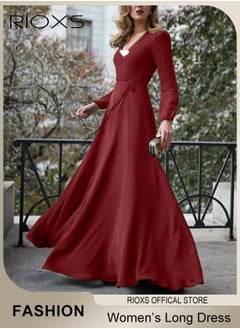 RIOXS Women's Elegant High Waist Maxi Dress, V-neck Long-sleeved Dress, Ruched Wrap Long Dress with Back Zipper and Belt, Stylish Exquisite Evening Prom Dress, Perfect for Both Casual and Formal Occasions  - Image 3